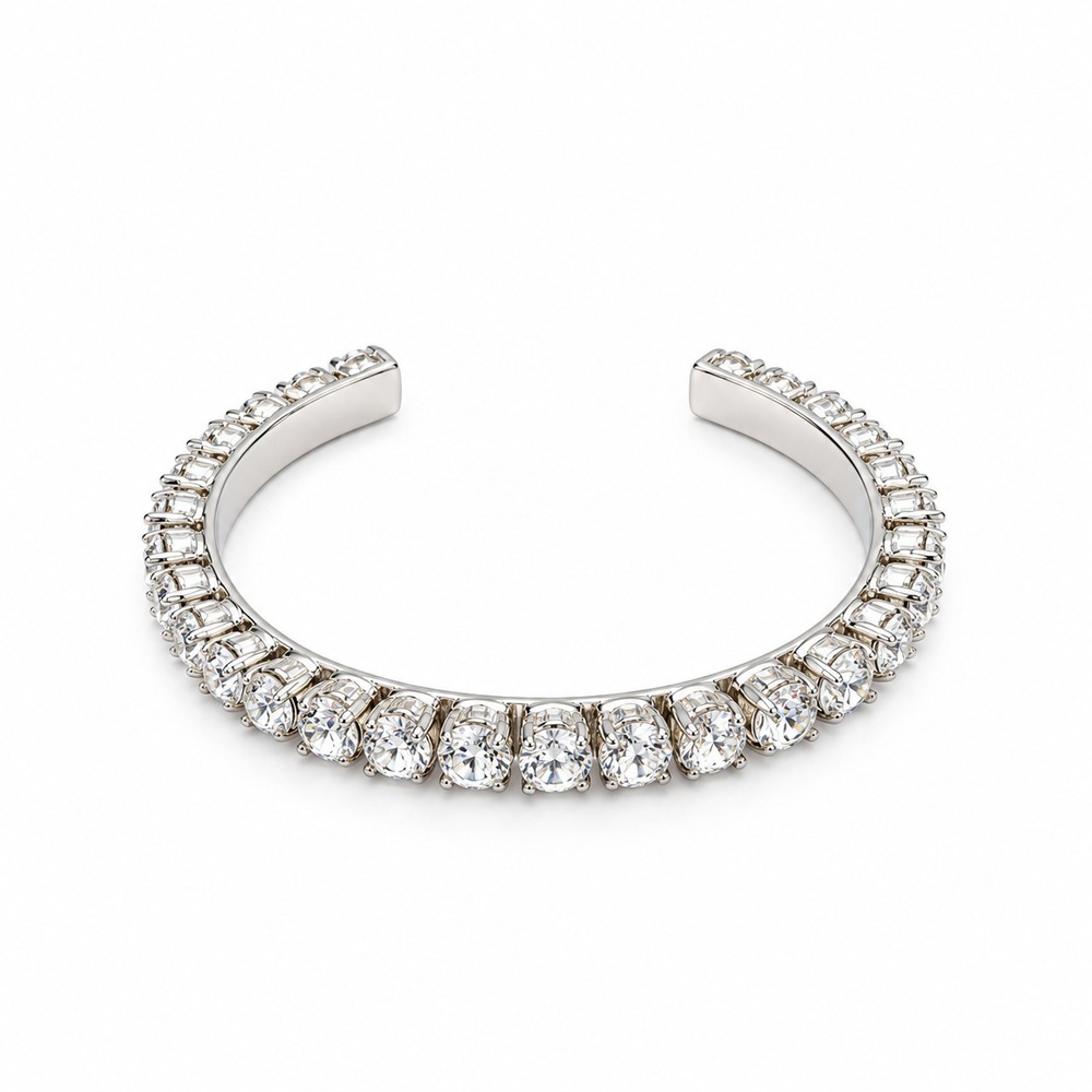 Silver Tone Clear Rhinestone Cuff Bracelet Crystal Tennis Style Statement 7"